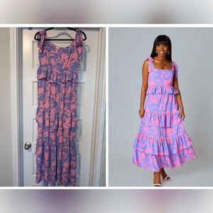 NWT Buddy Love Maxi Dress Medium Floral Pink Purple Tiered Shoulder Tie …